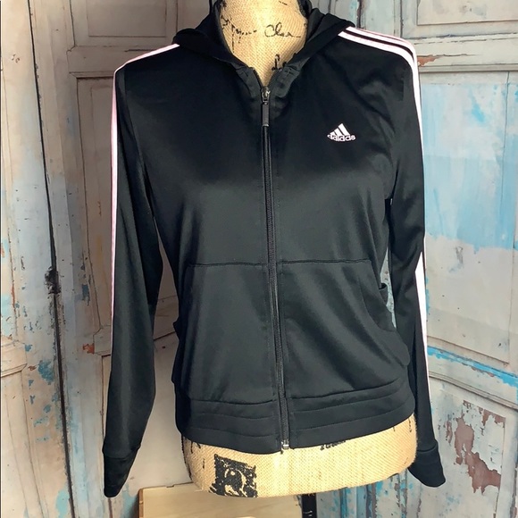 adidas Tops | Black With Pink Trim Hoodie | Poshmark RED ADIDAS HOODIE WITH THREE WHITE STRIPES DOWN THE ARMS AND